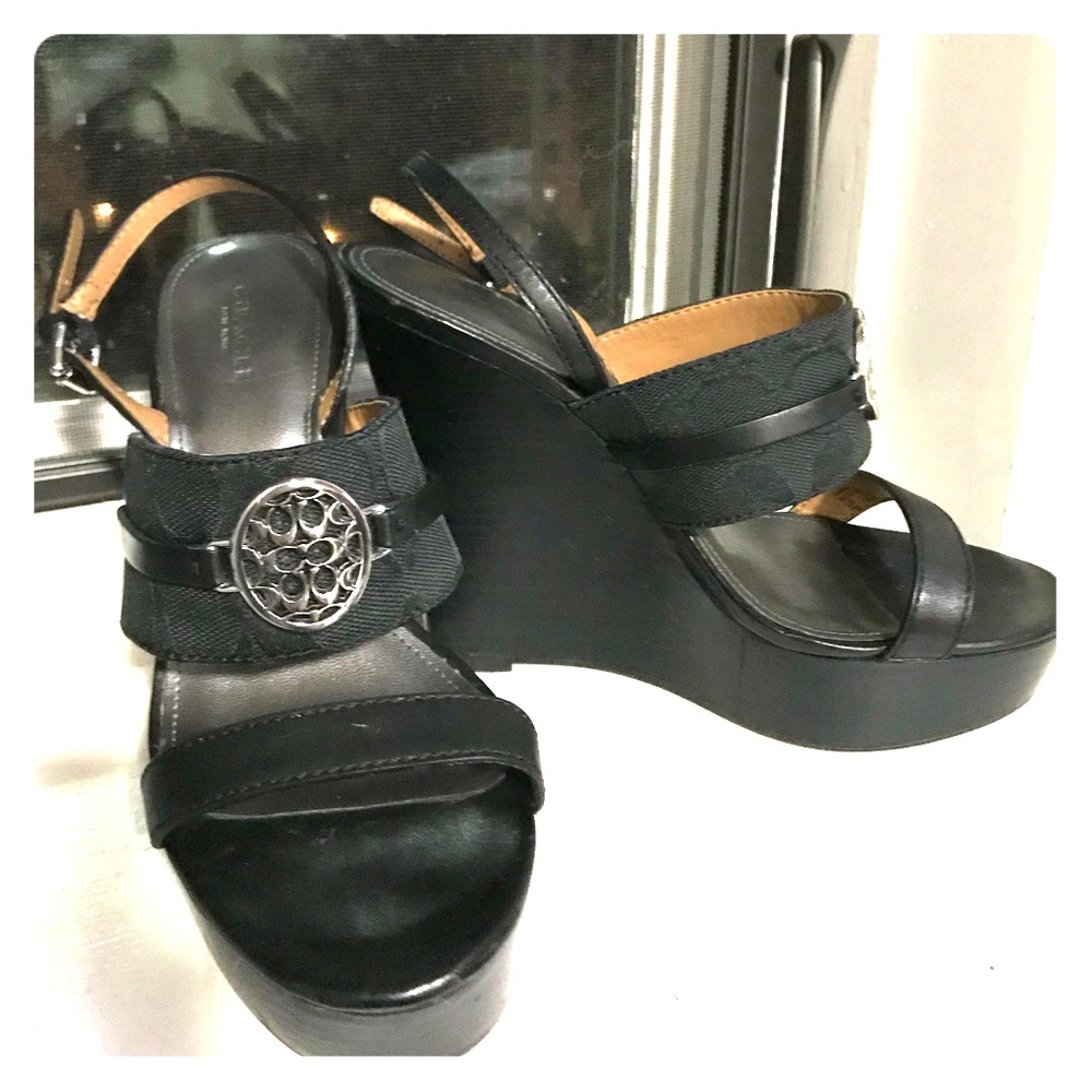 Coach Leather Black Wedge Heels w/ Silver Detail!